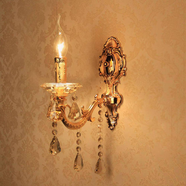 European Gold Carved Alloy Fabric Crystal Corridor Wall Lights Bedroom Bedsides Wall Sconces Candle Style Living Room Wall Light