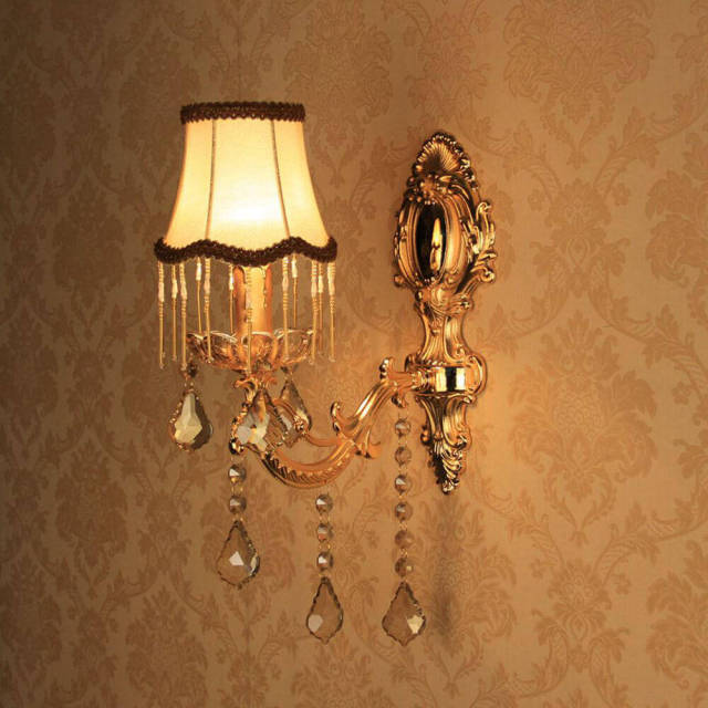 European Gold Carved Alloy Fabric Crystal Corridor Wall Lights Bedroom Bedsides Wall Sconces Candle Style Living Room Wall Light
