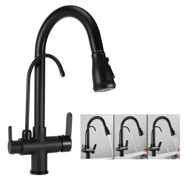 OOVOV Kitchen Sink Faucet with Pull Down Sprayer 2 Handle 3 in 1 Water Filter Purifier Faucets Brushed