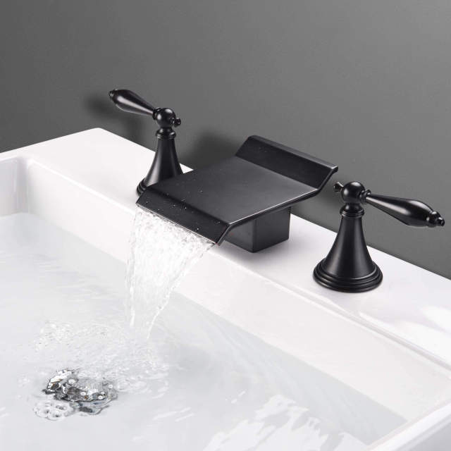 OOVOV Modern Waterfall Bathroom Basin Faucet 3 Holes 2 Handles Matte Black Sink Faucet Solid Brass Vanity Mixer Taps