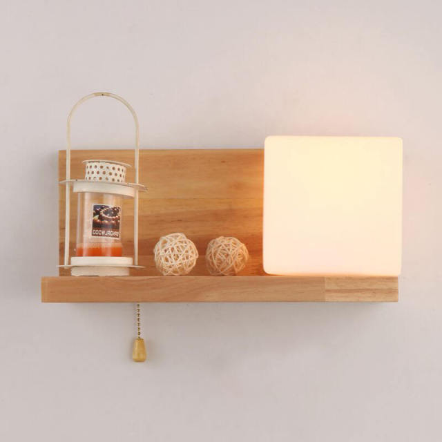 Wood Wall Lights Nordic Simple Style Wall Lamp With Rope Switch and Shelf for Bedroom Bedsides Corridor Hallway