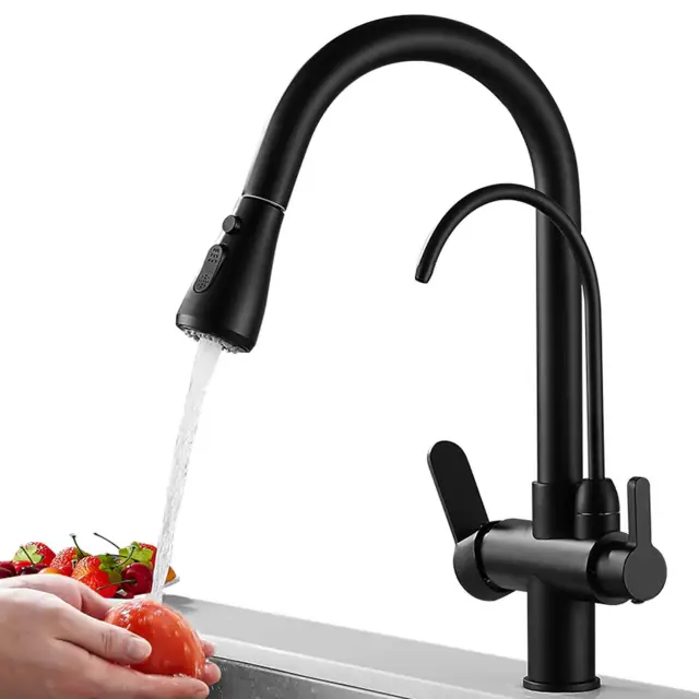 OOVOV Kitchen Sink Faucet with Pull Down Sprayer 2 Handle 3 in 1 Water Filter Purifier Faucets Brushed