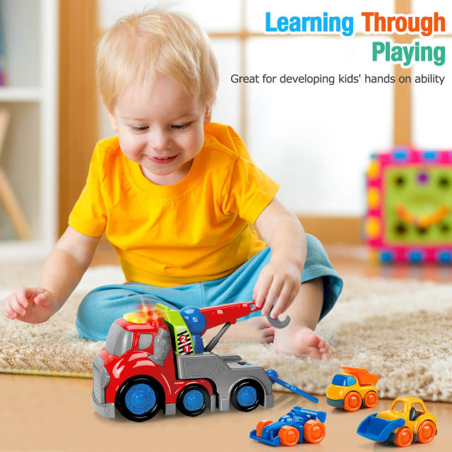 OOVOV Toy Crane Trucks for Boys Construction Truck Toy Set Toddlers Boys Girls Toys Push and Go Play Vehicle Crane / Bulldozer  / Dumper / Race Car with Sounds and Light