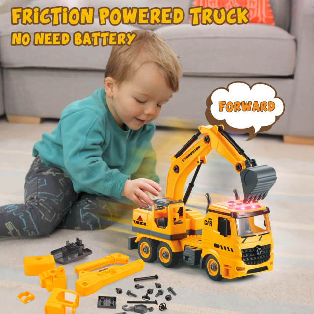 OOVOV Construction Truck Toys for Over 4 Years Old Kids 4-in-1 Take Apart Toys with Electric Drill 1 Truck and 4 Backs to Swap Out to be Dump  Mixer Excavator & Crane