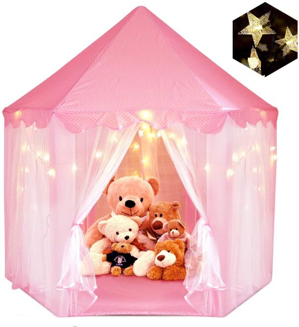 OOVOV Portable Folding Princess Castle Tent Children Funny Play Outdoor Indoor Fairy House Kids Play Tent With Warm LED Star Lights