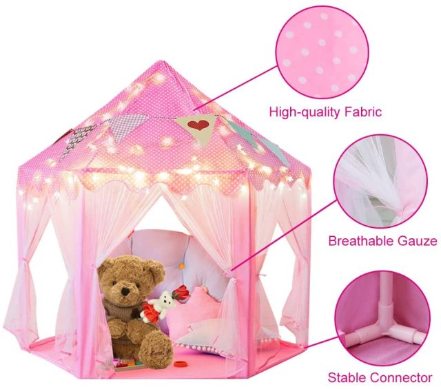 OOVOV Portable Folding Princess Castle Tent Children Funny Play Outdoor Indoor Fairy House Kids Play Tent With Warm LED Star Lights