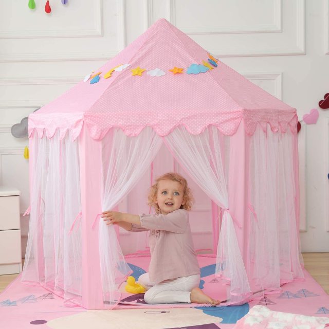 OOVOV Portable Folding Princess Castle Tent Children Funny Play Outdoor Indoor Fairy House Kids Play Tent With Warm LED Star Lights