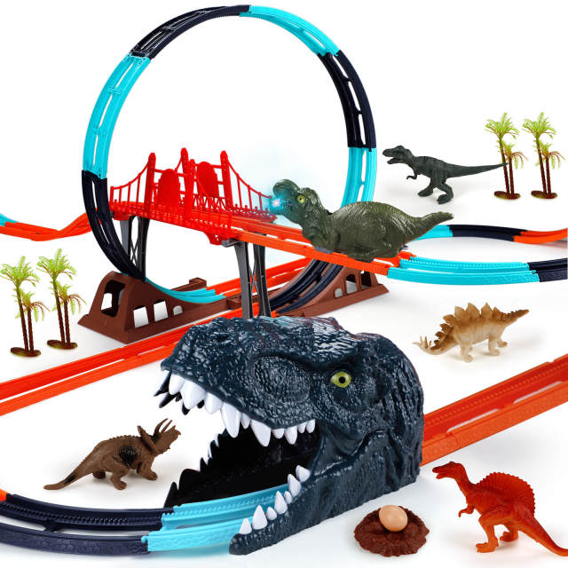 OOVOV Dinosaur Toys Race Track for Boys with 1 Rechargeable Dinosaur Car  4 Dinosaur Figures Flexible Track Playset Toy with Light and Sound Best Gift for Kids