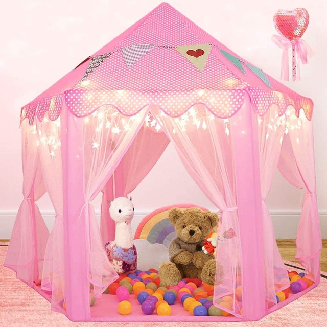 OOVOV Portable Folding Princess Castle Tent Children Funny Play Outdoor Indoor Fairy House Kids Play Tent With Warm LED Star Lights