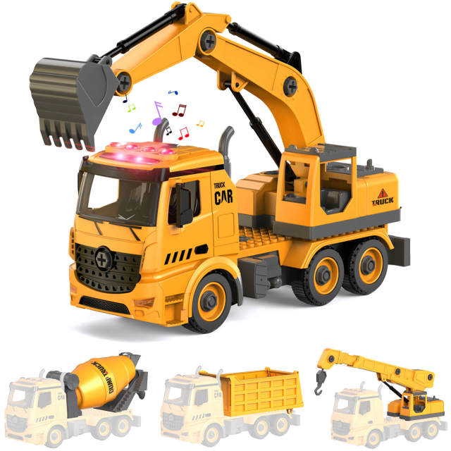 OOVOV Construction Truck Toys for Over 4 Years Old Kids 4-in-1 Take Apart Toys with Electric Drill 1 Truck and 4 Backs to Swap Out to be Dump  Mixer Excavator & Crane