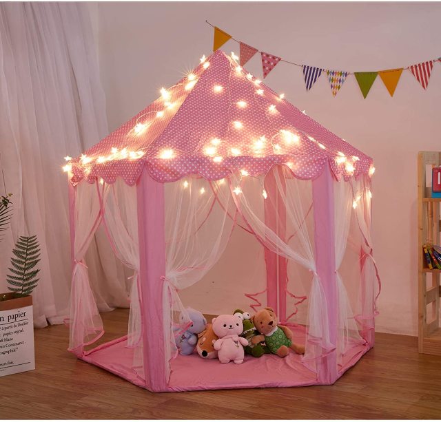 OOVOV Portable Folding Princess Castle Tent Children Funny Play Outdoor Indoor Fairy House Kids Play Tent With Warm LED Star Lights