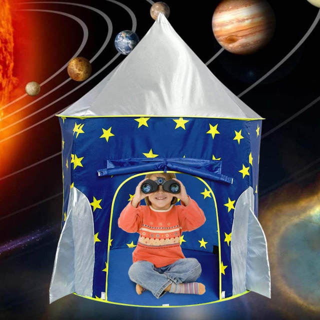 OOVOV Rocket Ship Tent - Space Themed Pretend Play Tent - Space Play House - Spaceship Tent For Kids - Foldable Pop Up Star Play Tent Blue