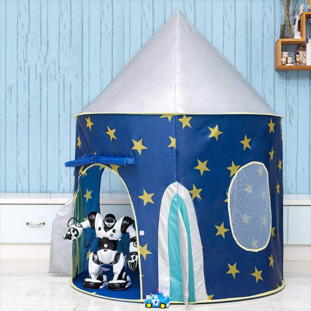 OOVOV Rocket Ship Tent - Space Themed Pretend Play Tent - Space Play House - Spaceship Tent For Kids - Foldable Pop Up Star Play Tent Blue