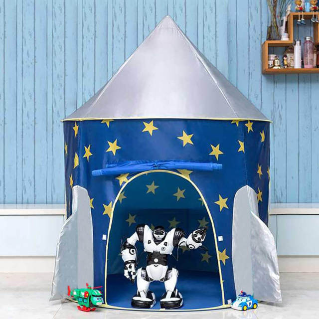 OOVOV Rocket Ship Tent - Space Themed Pretend Play Tent - Space Play House - Spaceship Tent For Kids - Foldable Pop Up Star Play Tent Blue