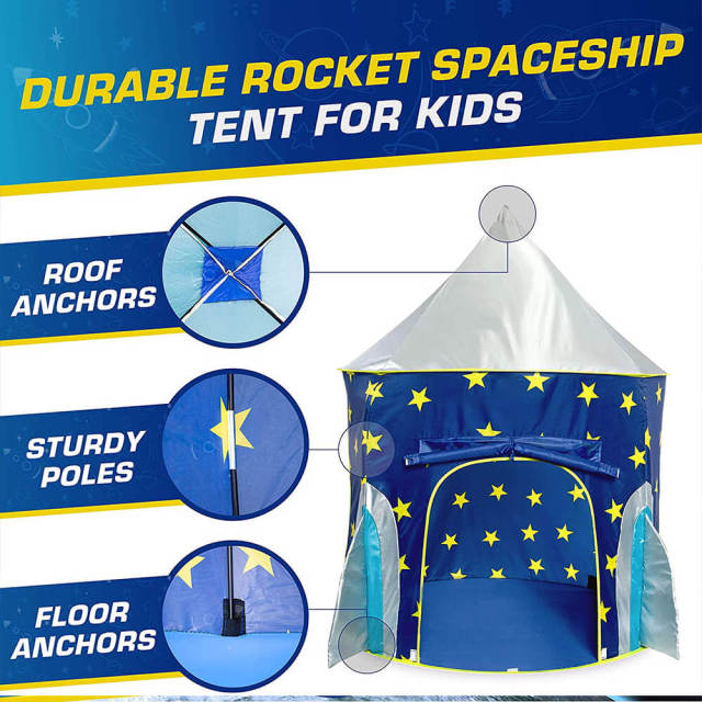 OOVOV Rocket Ship Tent - Space Themed Pretend Play Tent - Space Play House - Spaceship Tent For Kids - Foldable Pop Up Star Play Tent Blue