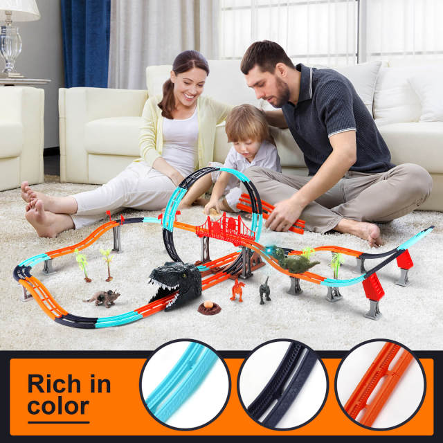 OOVOV Dinosaur Toys Race Track for Boys with 1 Rechargeable Dinosaur Car  4 Dinosaur Figures Flexible Track Playset Toy with Light and Sound Best Gift for Kids