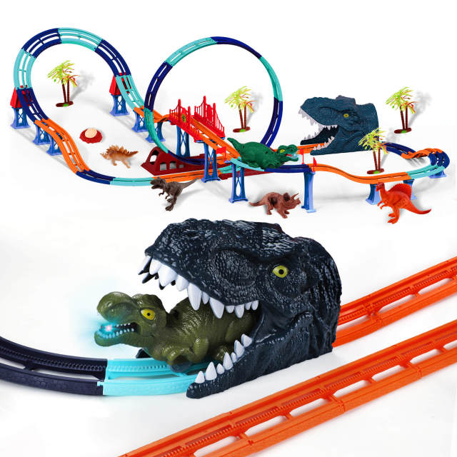 OOVOV Dinosaur Toys Race Track for Boys with 1 Rechargeable Dinosaur Car  4 Dinosaur Figures Flexible Track Playset Toy with Light and Sound Best Gift for Kids