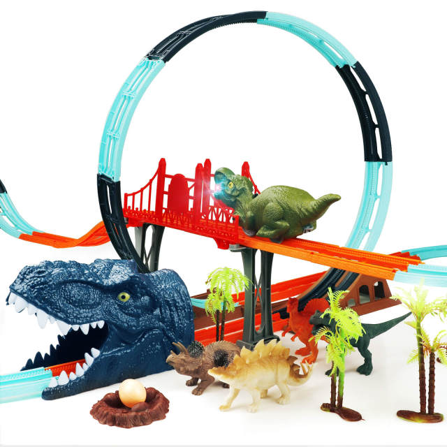 OOVOV Dinosaur Toys Race Track for Boys with 1 Rechargeable Dinosaur Car  4 Dinosaur Figures Flexible Track Playset Toy with Light and Sound Best Gift for Kids