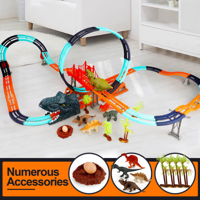 OOVOV Dinosaur Toys Race Track for Boys with 1 Rechargeable Dinosaur Car  4 Dinosaur Figures Flexible Track Playset Toy with Light and Sound Best Gift for Kids