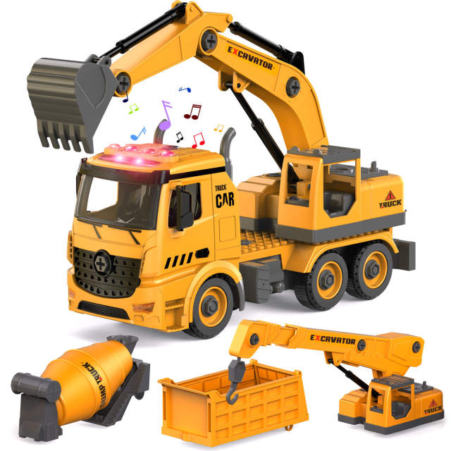 OOVOV Construction Truck Toys for Over 4 Years Old Kids 4-in-1 Take Apart Toys with Electric Drill 1 Truck and 4 Backs to Swap Out to be Dump  Mixer Excavator & Crane