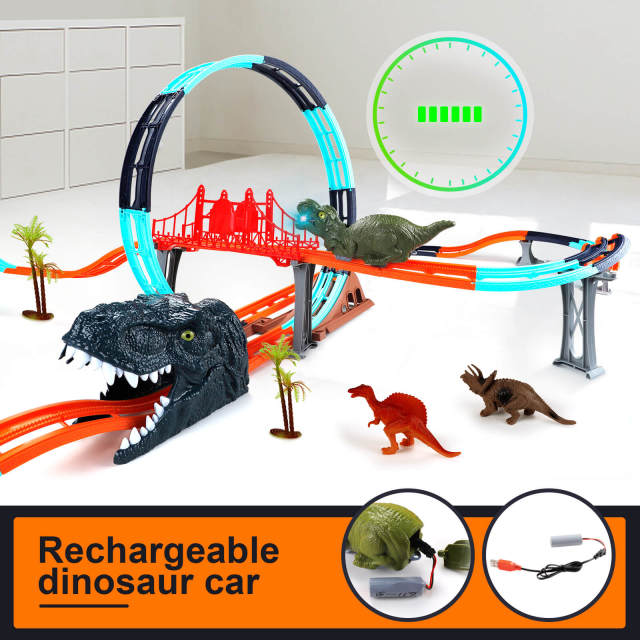 OOVOV Dinosaur Toys Race Track for Boys with 1 Rechargeable Dinosaur Car  4 Dinosaur Figures Flexible Track Playset Toy with Light and Sound Best Gift for Kids