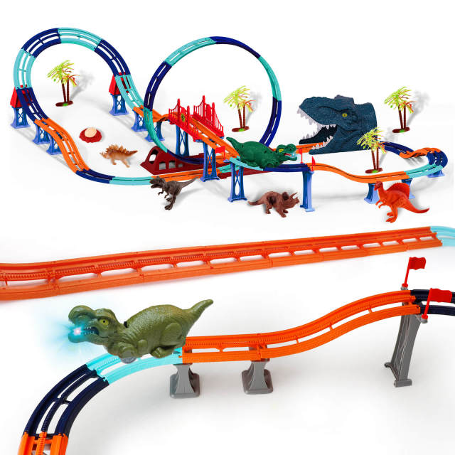 OOVOV Dinosaur Toys Race Track for Boys with 1 Rechargeable Dinosaur Car  4 Dinosaur Figures Flexible Track Playset Toy with Light and Sound Best Gift for Kids