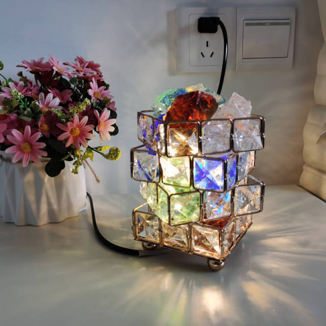 OOVOV Crystal Salt Lamp Rubik Cube Shape Aroma Himalayan Rose Salt Night Light