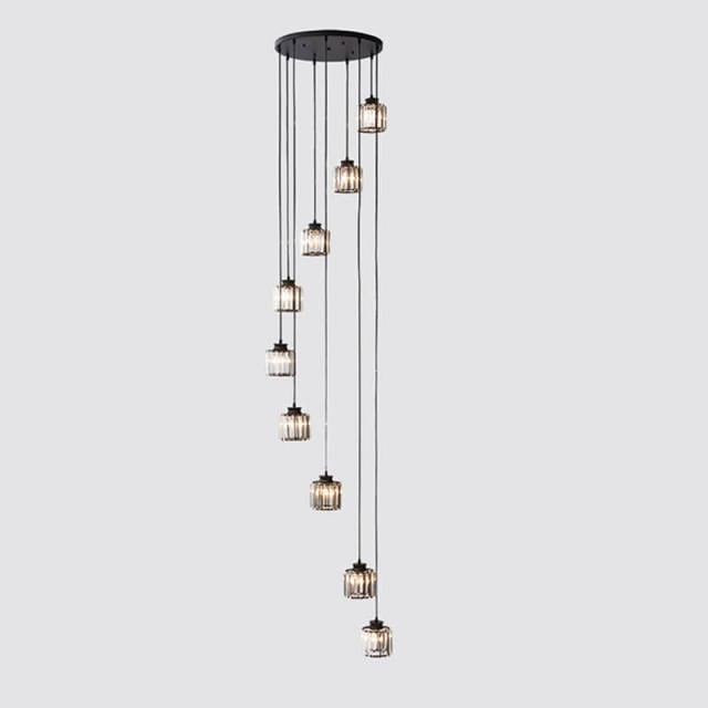 Crystal Pendant Light 6 Lights Long Chandelier with Adjustable Cord for Duplex Stairwell