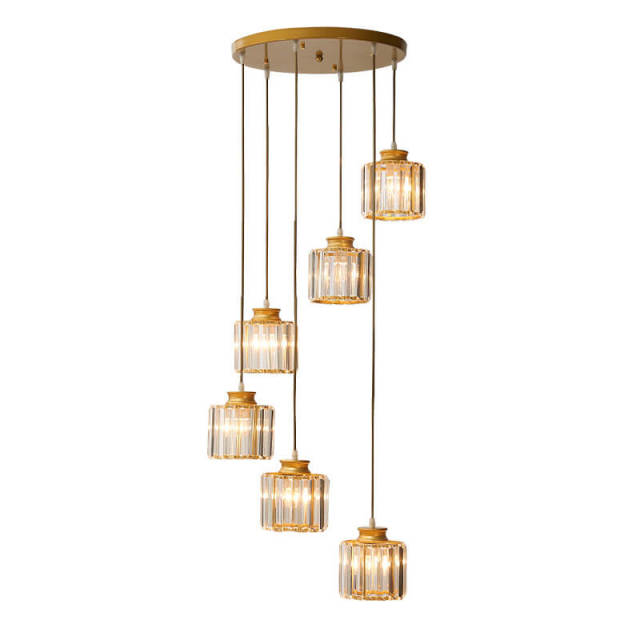 Crystal Pendant Light 6 Lights Long Chandelier with Adjustable Cord for Duplex Stairwell