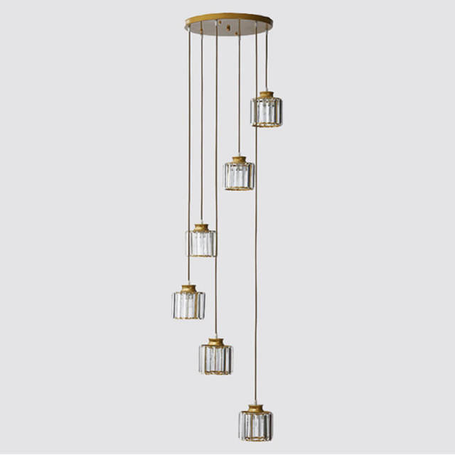 Crystal Pendant Light 6 Lights Long Chandelier with Adjustable Cord for Duplex Stairwell