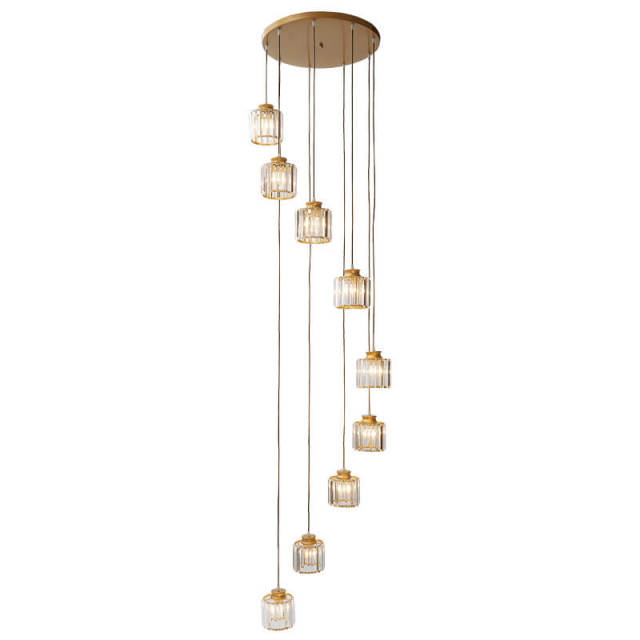 Crystal Pendant Light 6 Lights Long Chandelier with Adjustable Cord for Duplex Stairwell