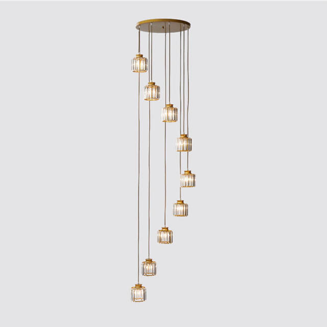 Crystal Pendant Light 6 Lights Long Chandelier with Adjustable Cord for Duplex Stairwell