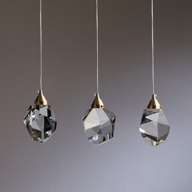 Brass Crystal Pendant Light Copper Ice Cubes Hanging Lamp LED