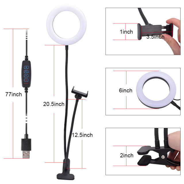Selfie Ring Light with Cell Phone Holder and Stand Bracket Clip Lazy Bracket Black