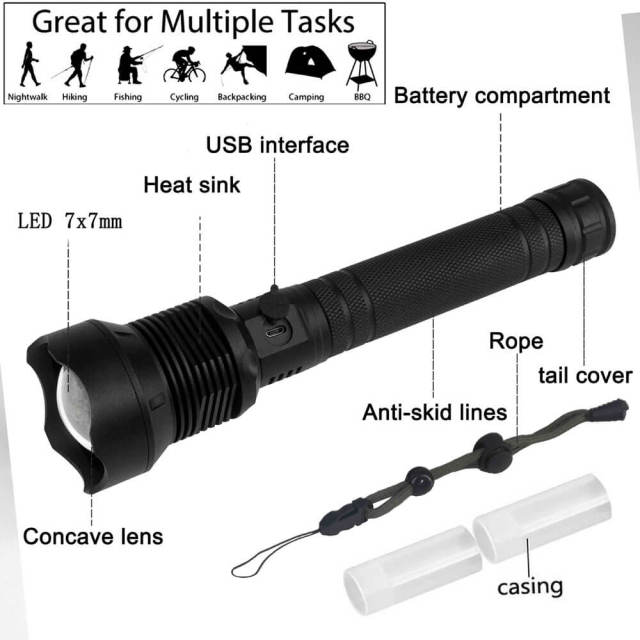 Rechargeable Flashlight 30W LED Telescopic Zoom Flashlight IPX4 Waterproof 4200mAh