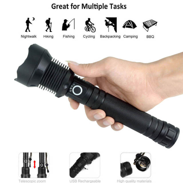 Rechargeable Flashlight 30W LED Telescopic Zoom Flashlight IPX4 Waterproof 4200mAh