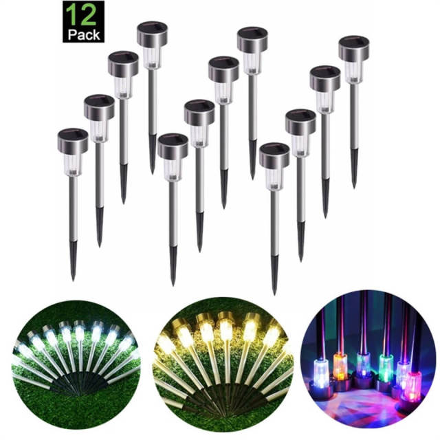 12 Pcs Solar Lawn Lights LED Outdoor Walkway Patio Garden Light Stainless Steel