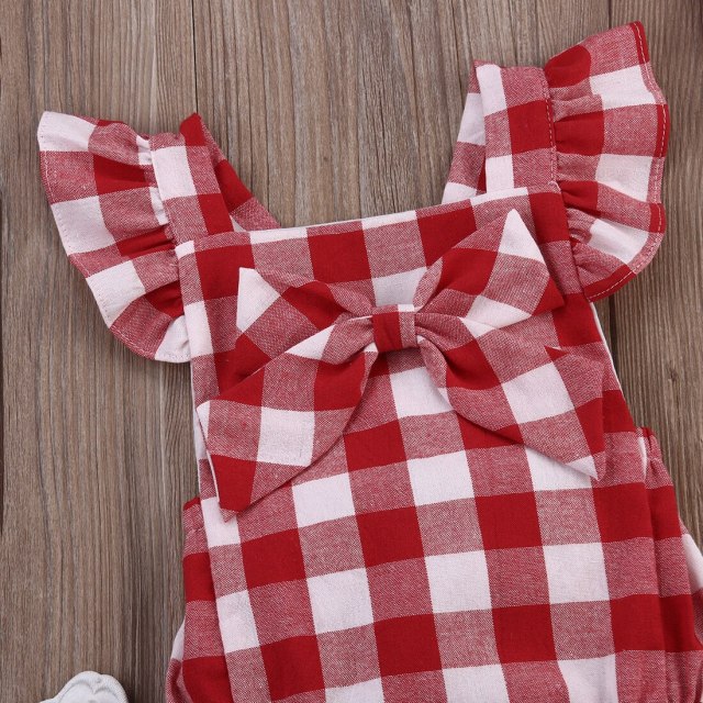 Baby Girl Red Plaid Romper Summer Infant Jumpsuit With Headband