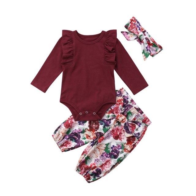 Spring Girls 3PCS Set Clothes Newborn Baby Red Romper Floral Outfits