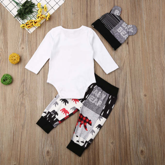 3PCS Newborn Baby Boy Girl Clothes Set Bear Print Romper Spring Set