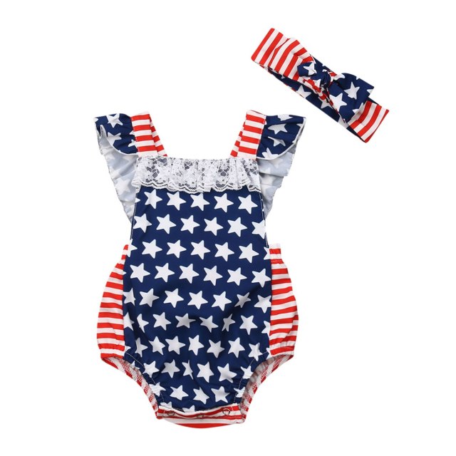 2Pcs Summer Newborn Baby Girls American Flag Bodysuit With Headband