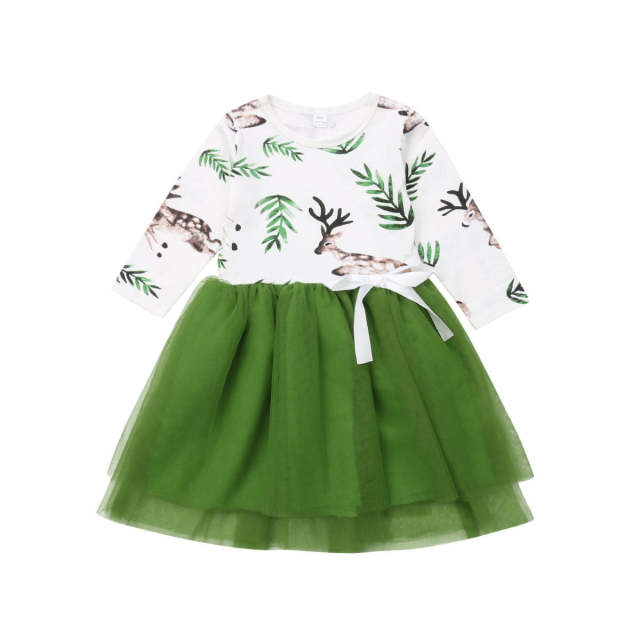 Girls Autumn Dress Xmas Deer Dresses Green 2-7Y