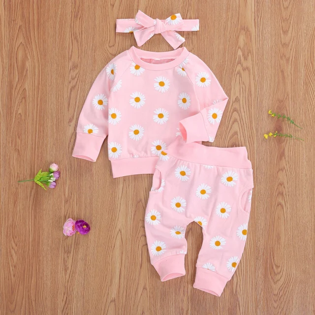 3Pcs Baby Girls Spring Long Sleeve Set Cute Print Infant Clothes