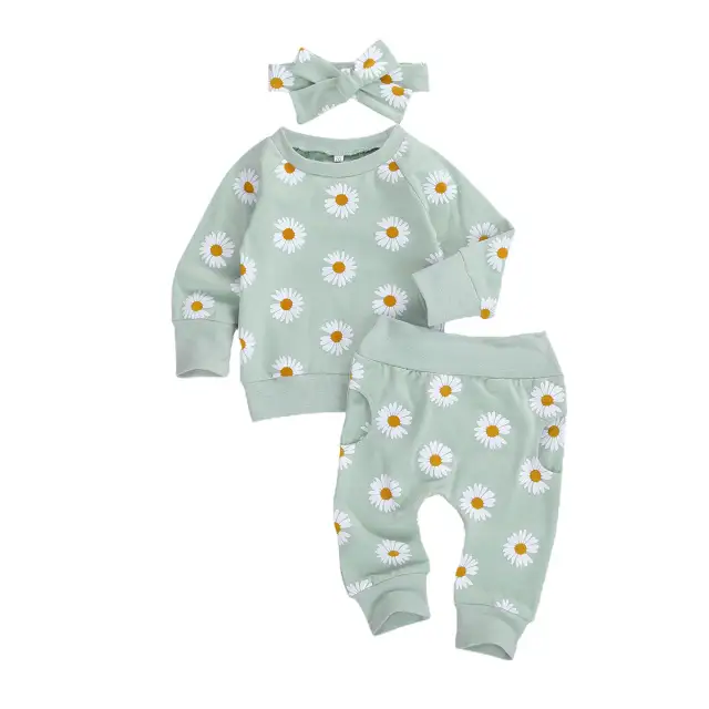 3Pcs Baby Girls Spring Long Sleeve Set Cute Print Infant Clothes