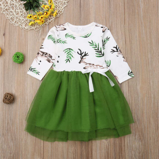 Girls Autumn Dress Xmas Deer Dresses Green 2-7Y