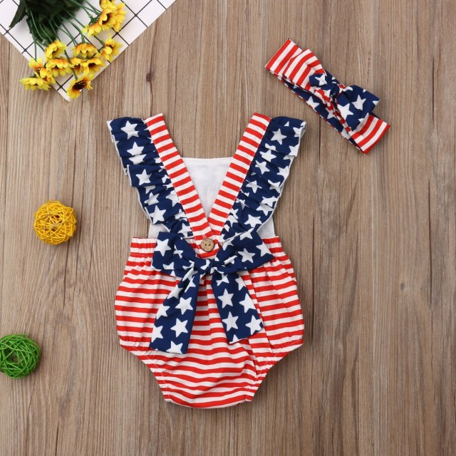 2Pcs Summer Newborn Baby Girls American Flag Bodysuit With Headband