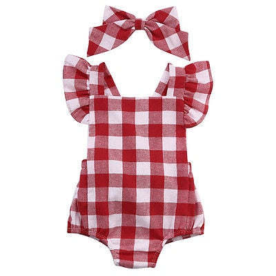 Baby Girl Red Plaid Romper Summer Infant Jumpsuit With Headband