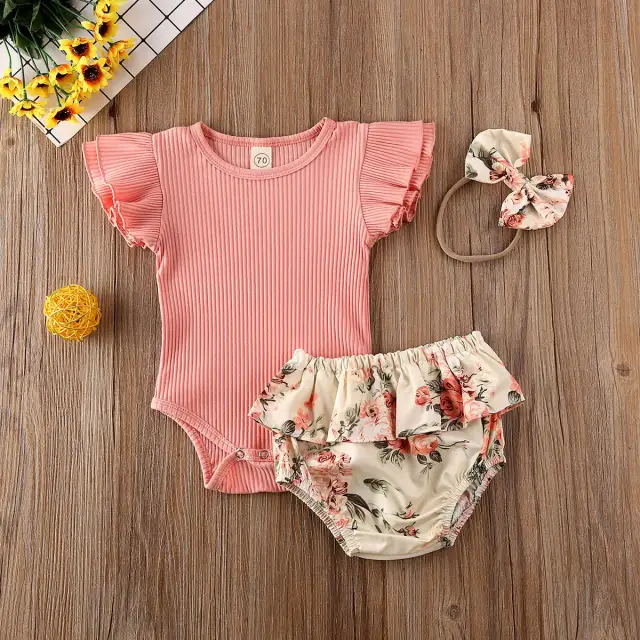 Baby Girl Clothing Newborn Ruffled Floral 3Pcs Set Summer 0-24M