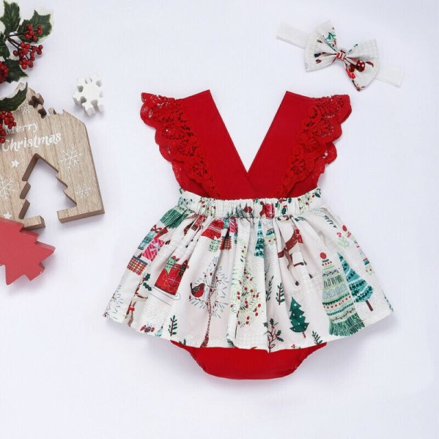 Summer Infant Baby Girl Clothes Lace Romper Dress+Headband Xmas Set