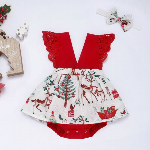 Summer Infant Baby Girl Clothes Lace Romper Dress+Headband Xmas Set